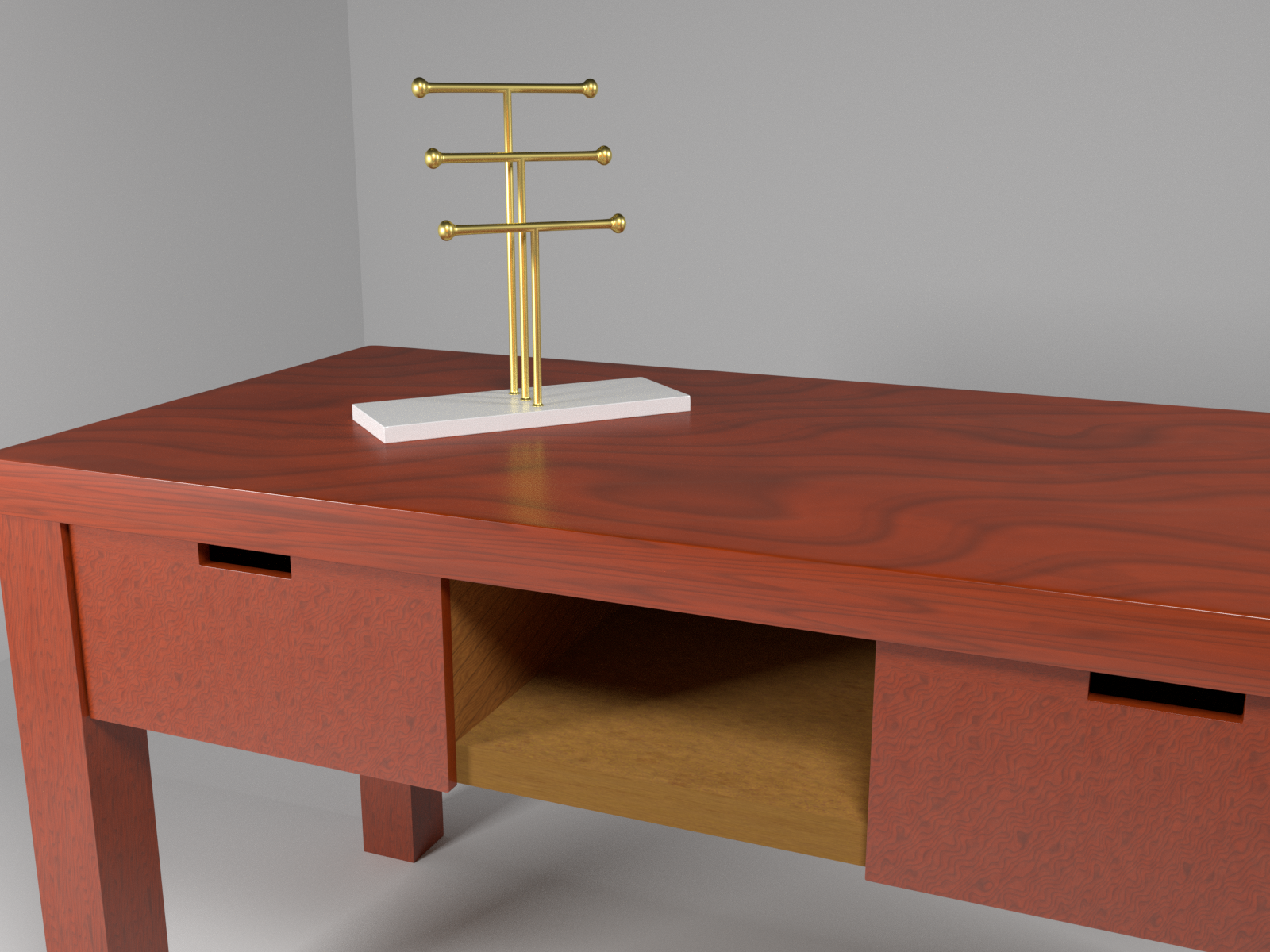 Golden jewelry holder on mahogany desk preview image 1